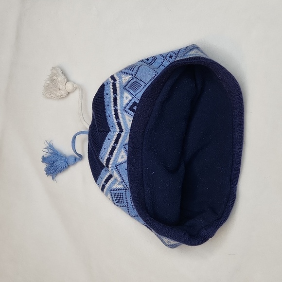 Double Lined Fleece Blue Beanie with Blue and White Tassels - Picture 2 of 5